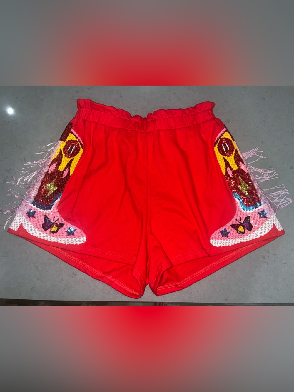QUEEN OF SPARKLES Red Sequin Fringe Cowboy Boot Shorts